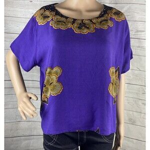 Baju Batik Aladdin Blouse Large Purple Orange Brown Floral Print Rayon Unique